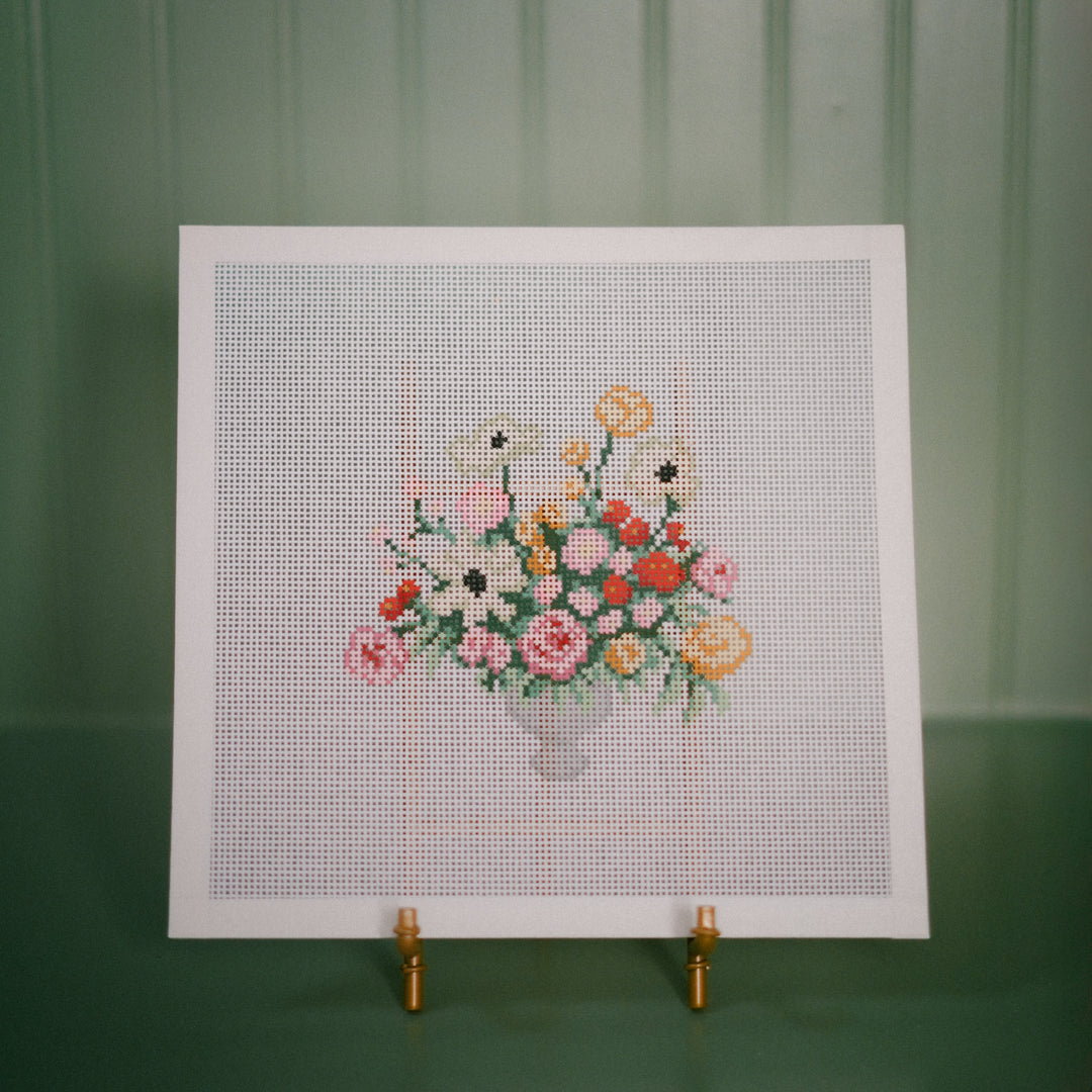 Garden Party Bouquet needlepoint canvas with colorful flowers on 13 mesh by The Needlepoint Vault