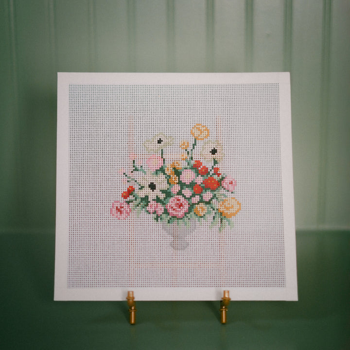 Garden Party Bouquet needlepoint canvas with colorful flowers on 13 mesh by The Needlepoint Vault