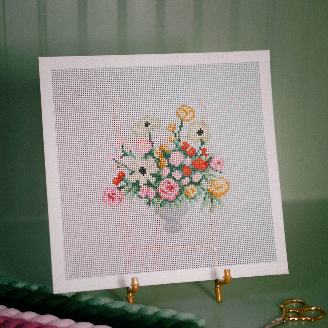 Garden Party Bouquet needlepoint canvas with colorful flowers on 13 mesh