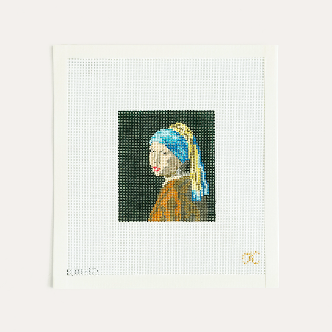 Girl with a Pearl Earring needlepoint canvas by The Gingham Stitchery on 18 mesh, inspired by Vermeer painting