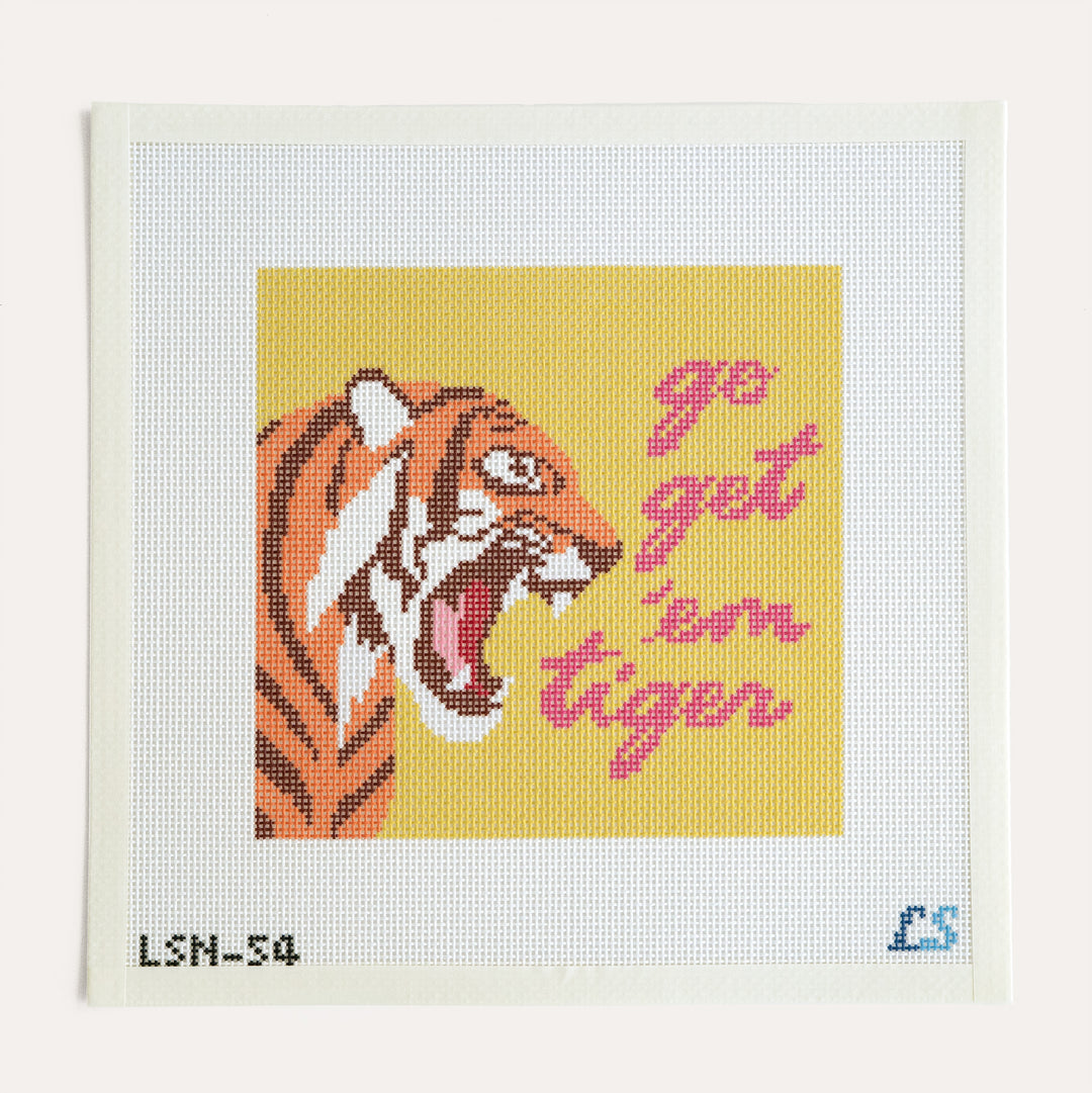 Go Get 'Em Tiger in Green needlepoint canvas by Lake Shore Needlepoint, colorful motivational design on 13 mesh
