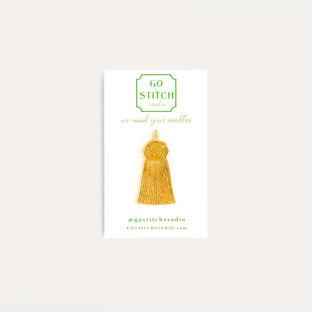 Gold glitter tassel needle minder by Go Stitch Studio with secure magnet