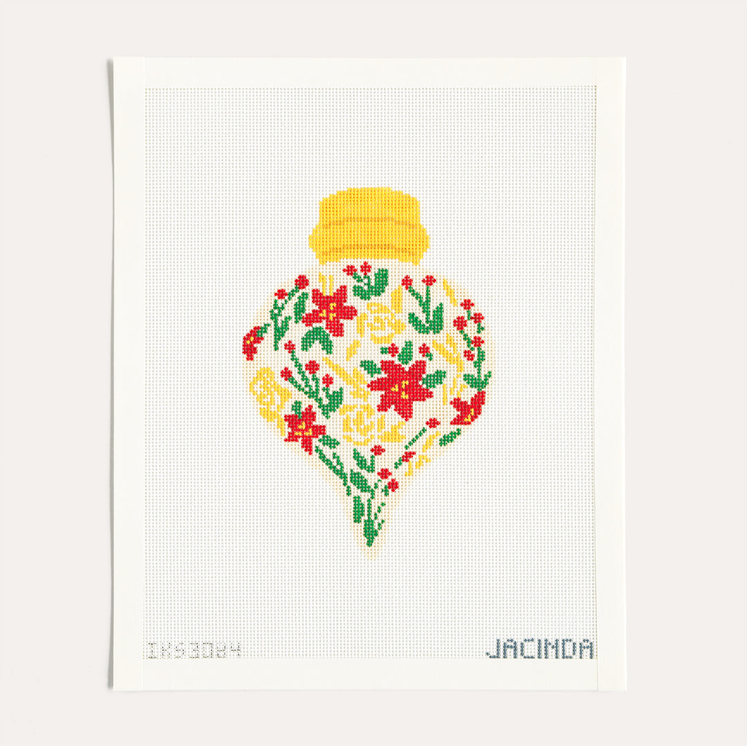 Gold Poinsettia Ornament needlepoint canvas by Initial K Studio, 18 mesh holiday floral design