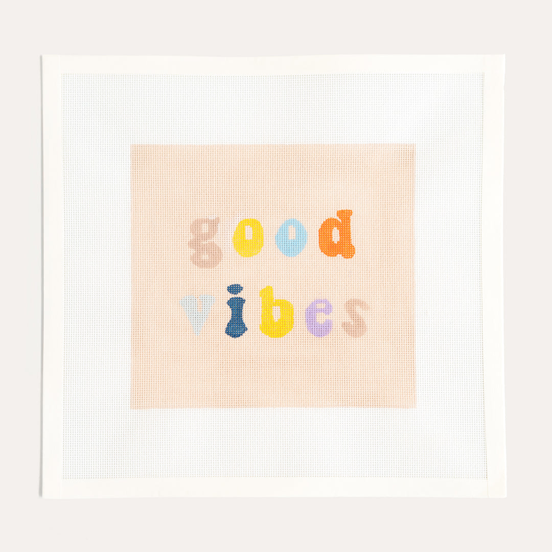 Good Vibes needlepoint canvas by Eva Howard on 18 mesh for framed decor or a throw pillow