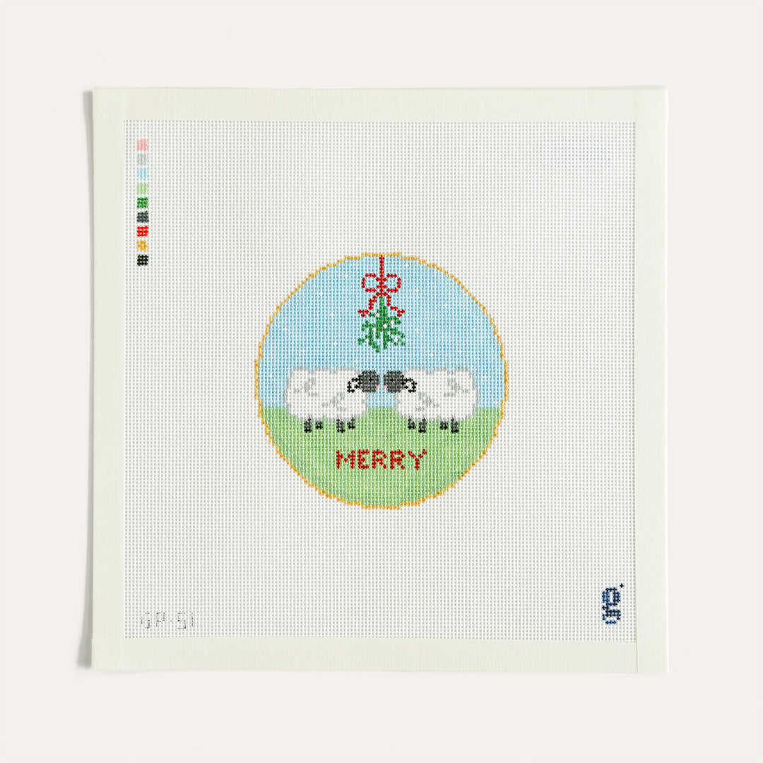 Goodpoint Needlepoint Mistletoe Sheep needlepoint canvas 18 mesh 4 inch holiday round