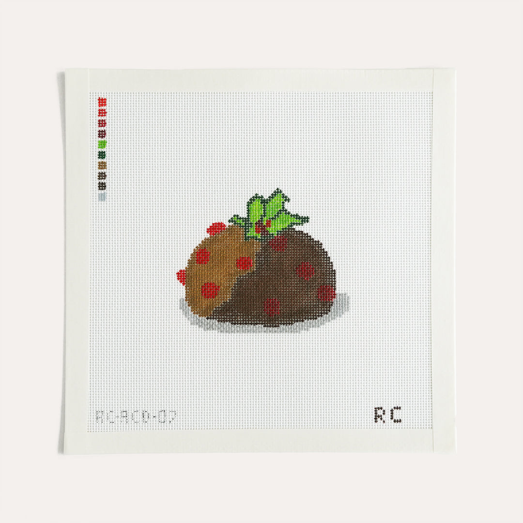 Grandma’s Christmas Plum Pudding needlepoint canvas by RenniCo, 3.45 x 3 inch vintage holiday design on 18 mesh