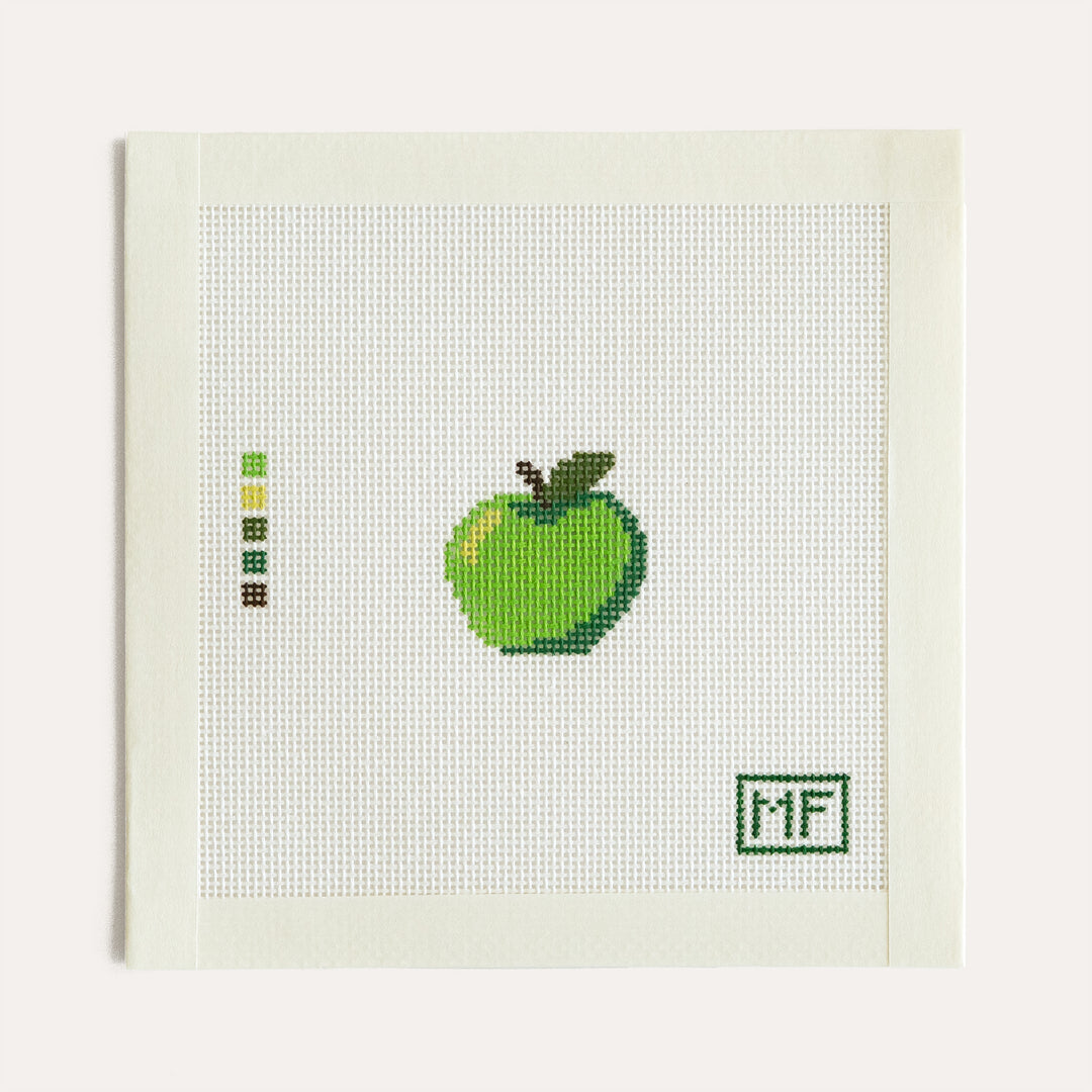 Green Apple Mini by MF Needlepoint, stitch-painted green apple needlepoint canvas on 18 mesh, 1.3 x 1.3 inch design