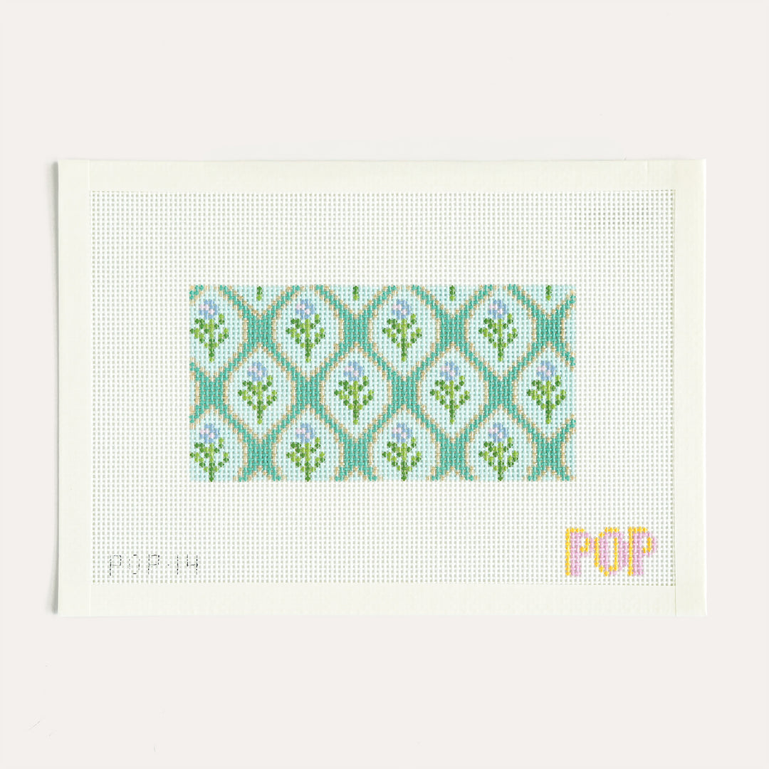 Green Floral needlepoint canvas by POP Needle Arts on 13 mesh, 3x6 floral design for self finishing
