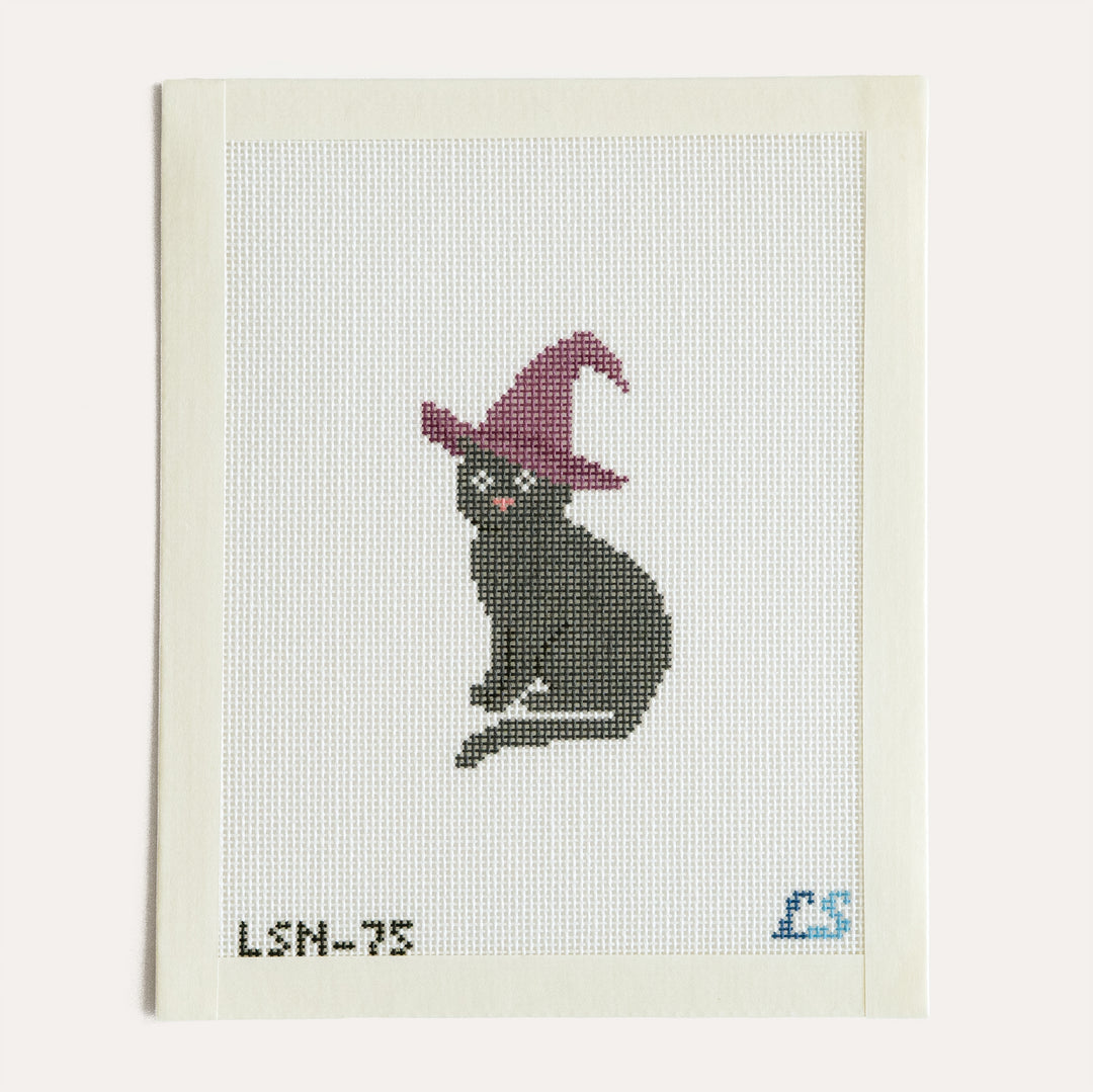 Halloween Cat in Witch's Hat by Lake Shore Needlepoint, black cat wearing a witch's hat on 18 mesh needlepoint canvas