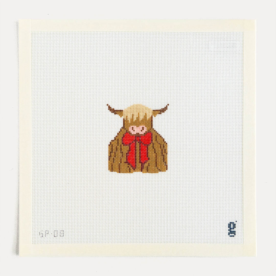 Highland Cow needlepoint canvas by Goodpoint featuring a whimsical Highland cow on 18 mesh canvas.