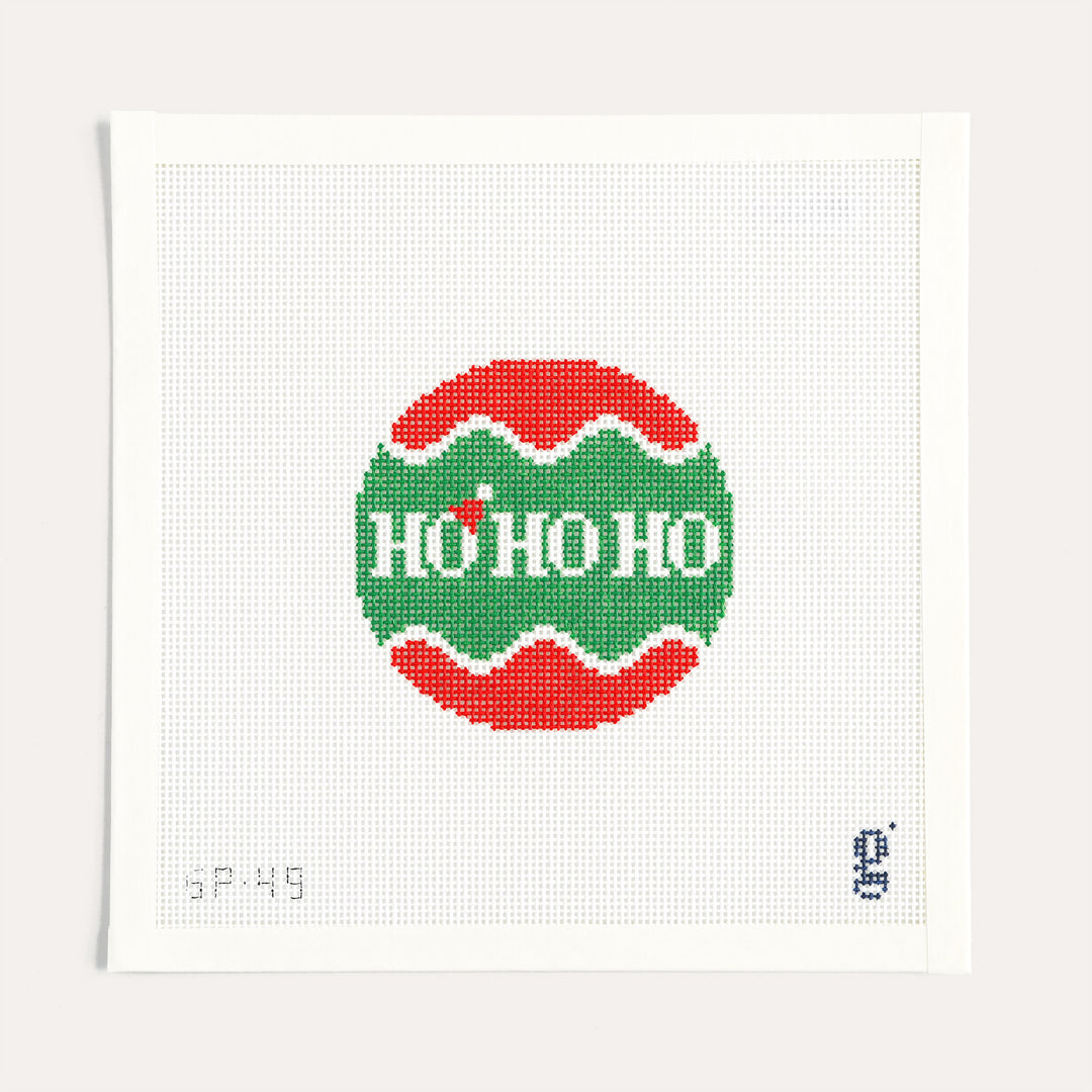 4 inch round holiday needlepoint canvas with Ho Ho Ho design on 13 mesh by Goodpoint Needlepoint