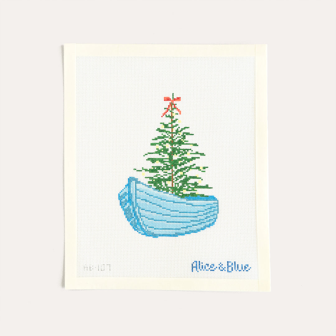 Holiday Dinghy needlepoint canvas by Alice and Blue Christmas tree in blue boat 18 mesh