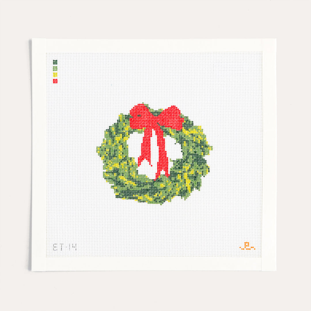 4 x 4 inch needlepoint canvas featuring a holiday wreath with a red bow on 18 mesh