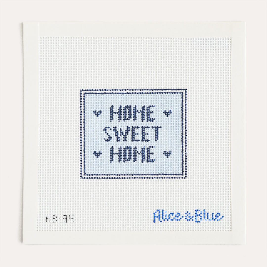 Home Sweet Home blue needlepoint canvas by Alice and Blue on 18 mesh
