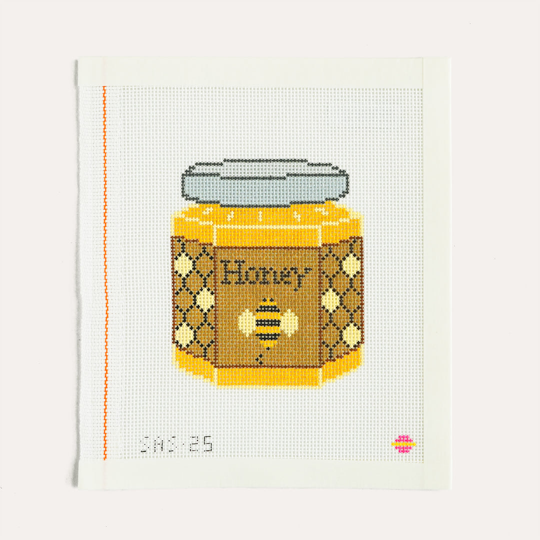 Honey Pot needlepoint canvas by Saturnalia Stitching on 18 mesh featuring golden tones