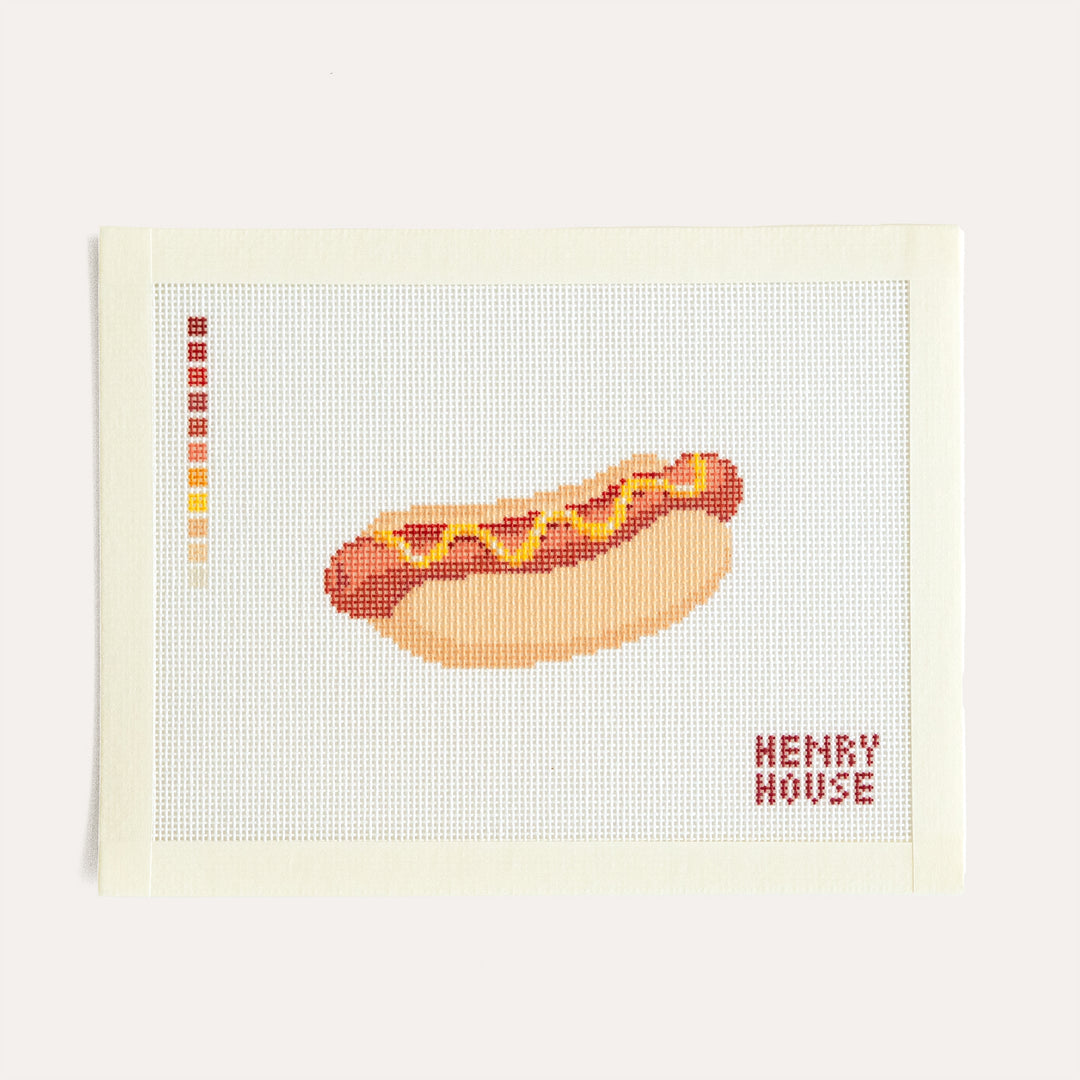 Hot Dog by Henry House Designs, 18 mesh needlepoint canvas featuring a hot dog in a bun
