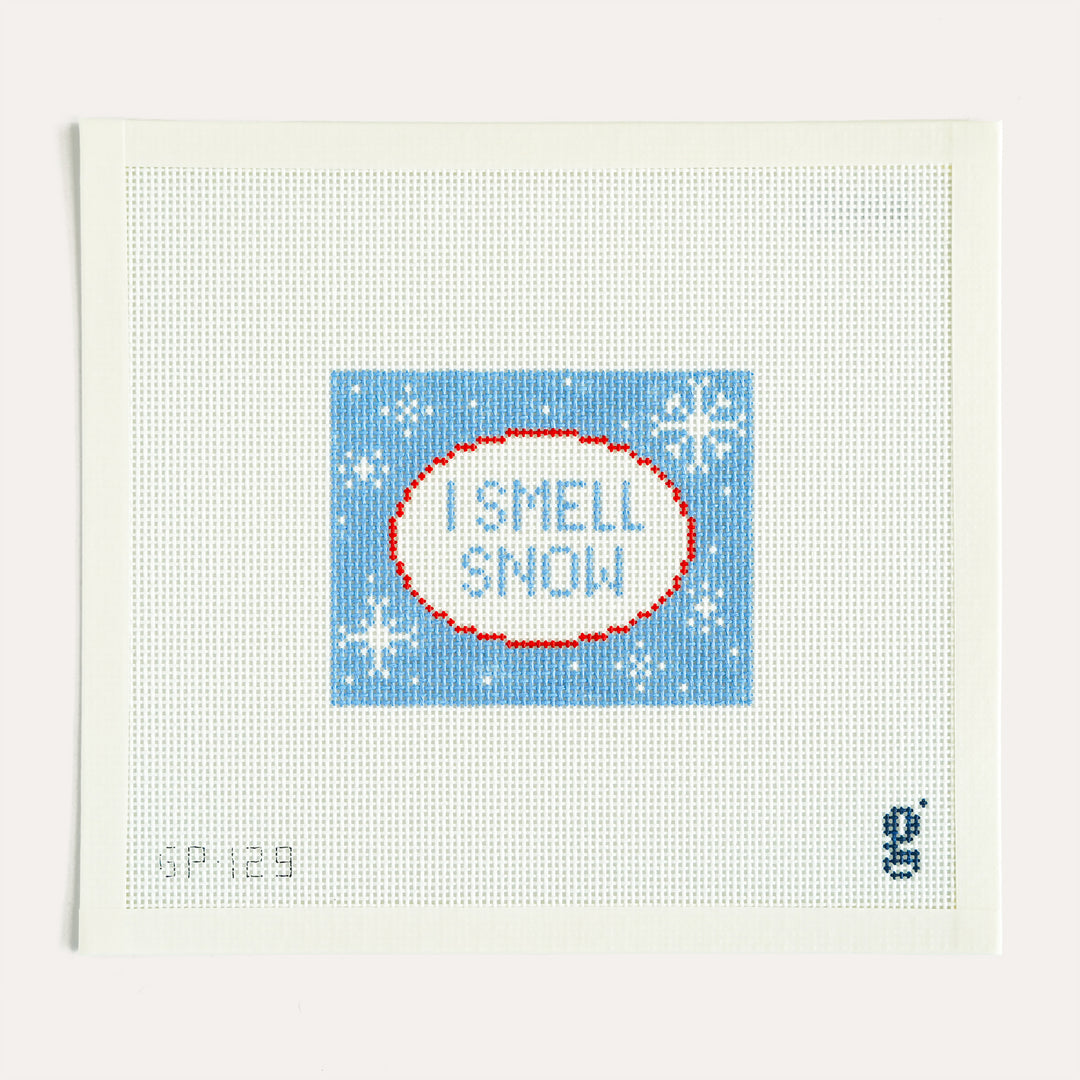 I Smell Snow needlepoint canvas by Goodpoint Needlepoint on 13 mesh, winter design inspired by a beloved quote