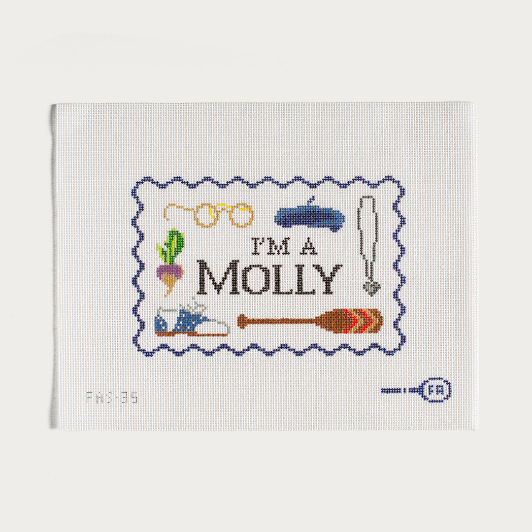 Hand-painted I'm A Molly needlepoint canvas with a nostalgic, classic-inspired design.