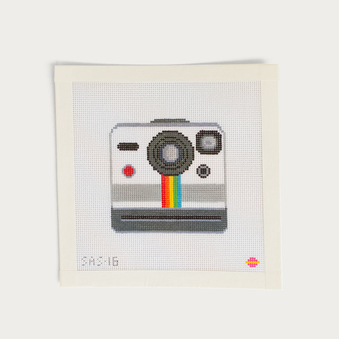 Hand-painted Instant Camera (Front) needlepoint canvas on 18 mesh, inspired by vintage photography.