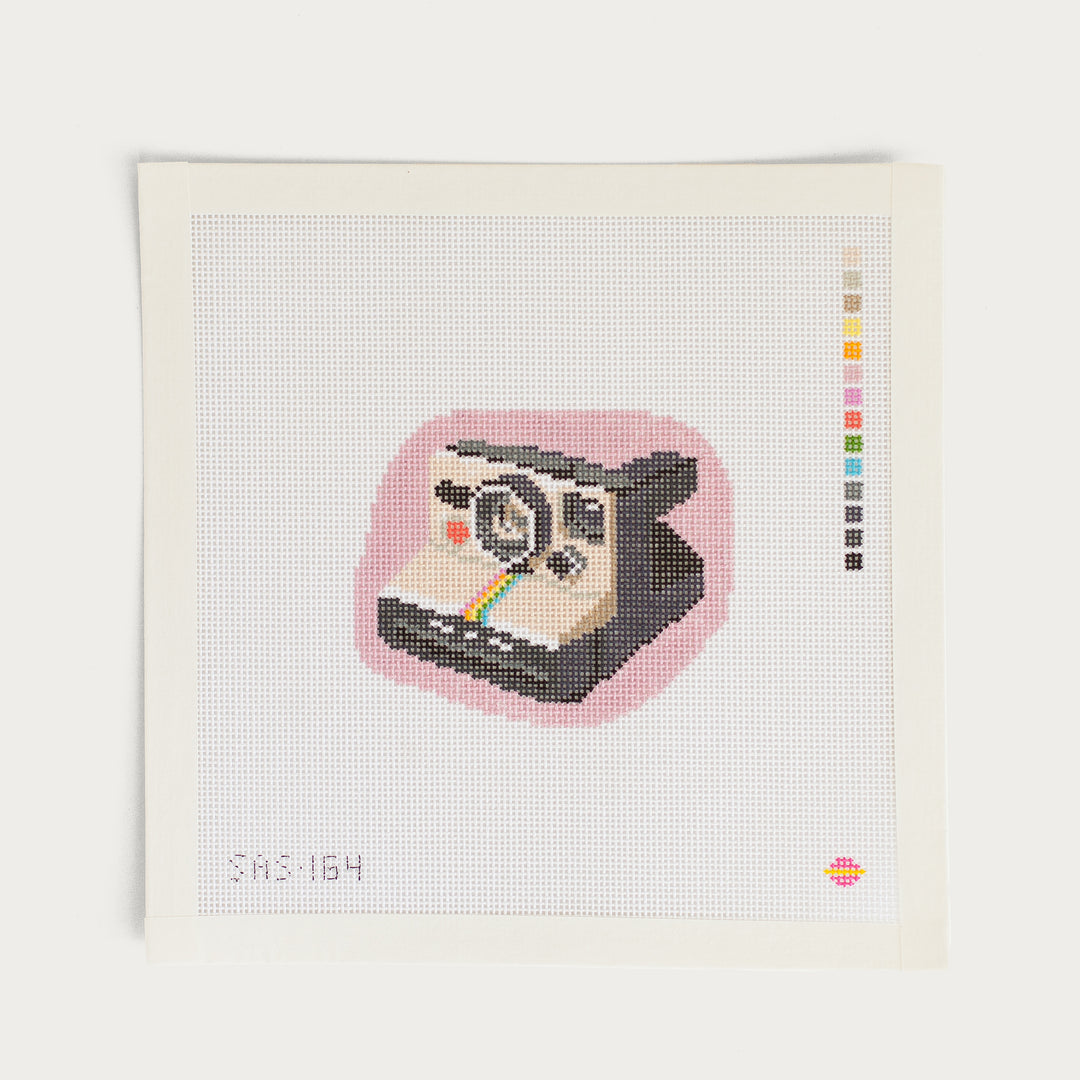 Hand-painted Instant Camera needlepoint canvas on 18 mesh, inspired by vintage photography.