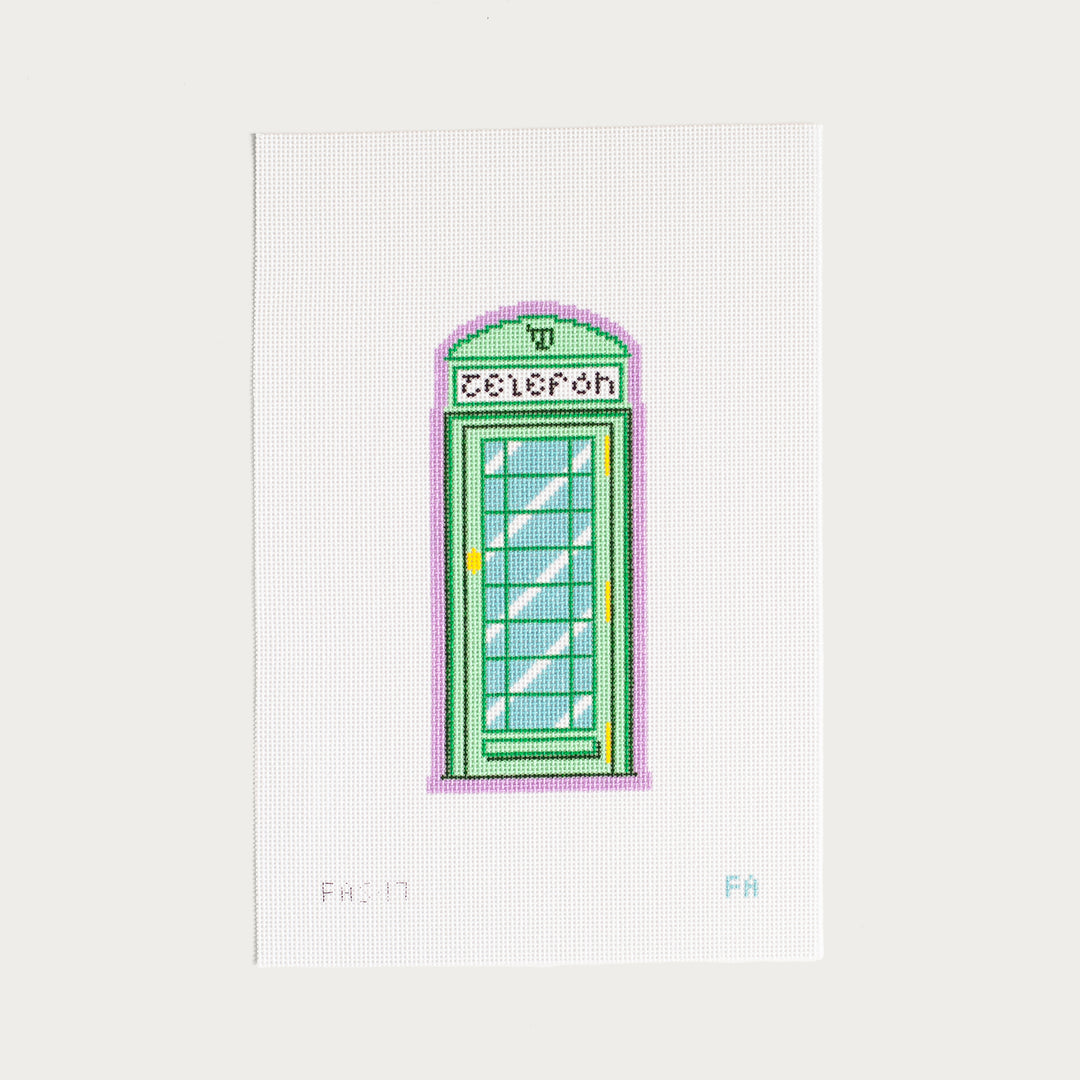 Hand-painted Irish Telephone Booth needlepoint canvas with a classic green phone box design.