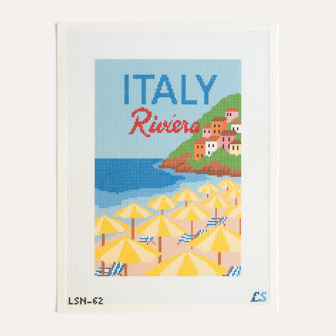 Italian Riviera needlepoint canvas by Lake Shore Needlepoint with yellow beach umbrellas, striped chairs and blue sea