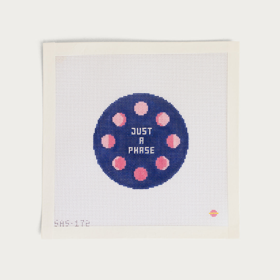 Just A Phase needlepoint canvas by Saturnalia Stitching on 18 mesh featuring moon phases design