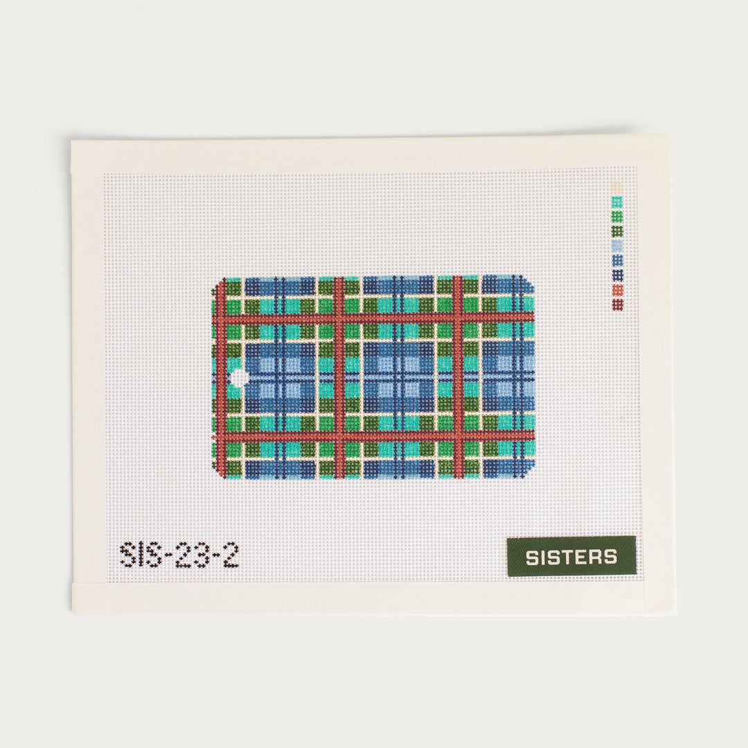 Hand-painted Kirkpatrick Plaid Luggage Tag needlepoint canvas on 18 mesh, featuring a classic plaid design.