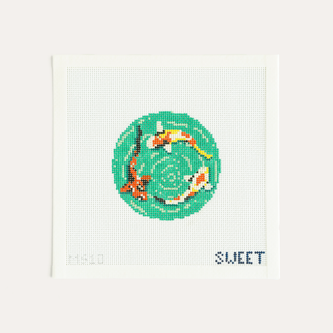 Koi fish needlepoint canvas by The Gingham Stitchery on 13 mesh, three koi swimming in a circle