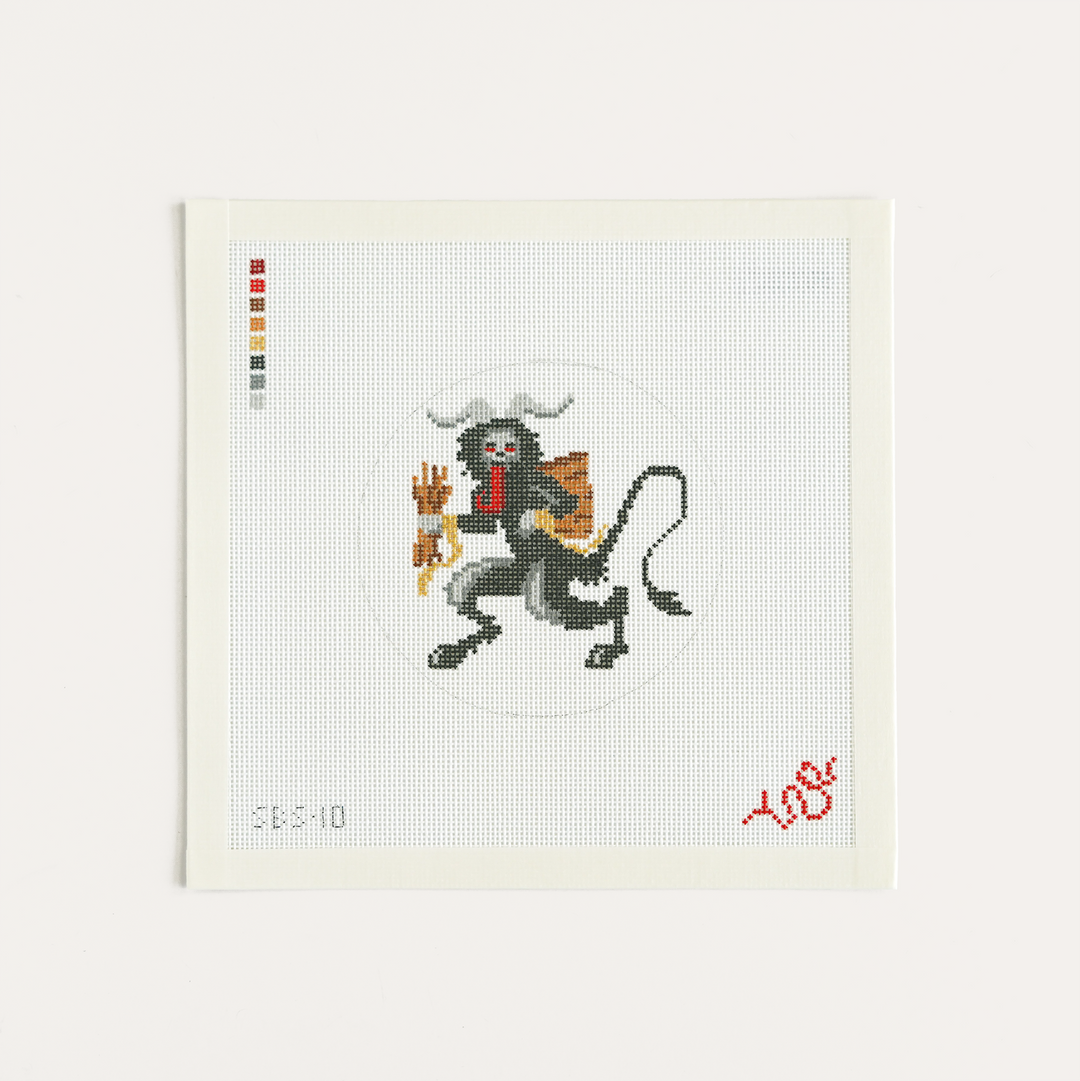 Krampus holiday needlepoint canvas, 4" round on 18 mesh by Spellbound Stitchery inspired by Alpine folklore