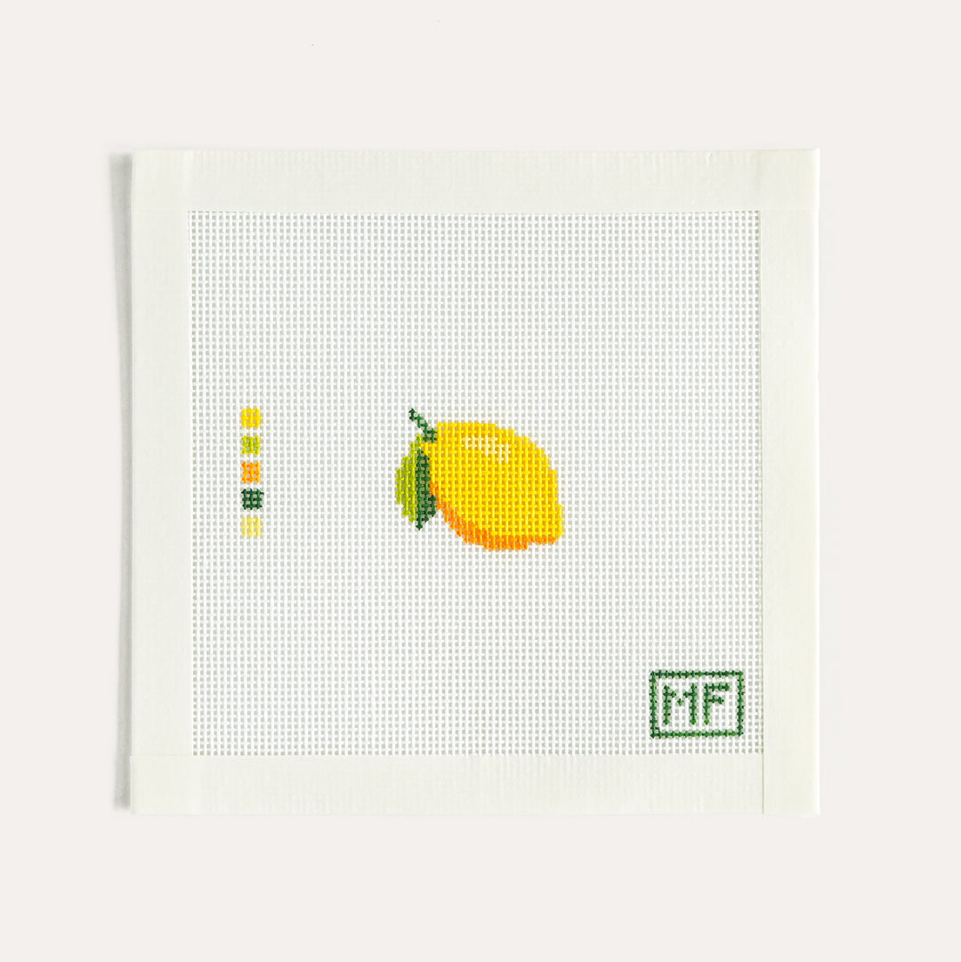 Lemon Mini needlepoint canvas, 1.5 x 1.5 inch stitch painted design on 18 mesh by MF Needlepoint