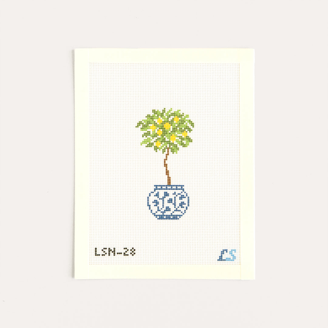 Lemon Topiary needlepoint canvas by Lake Shore Needlepoint citrus design on 18 mesh