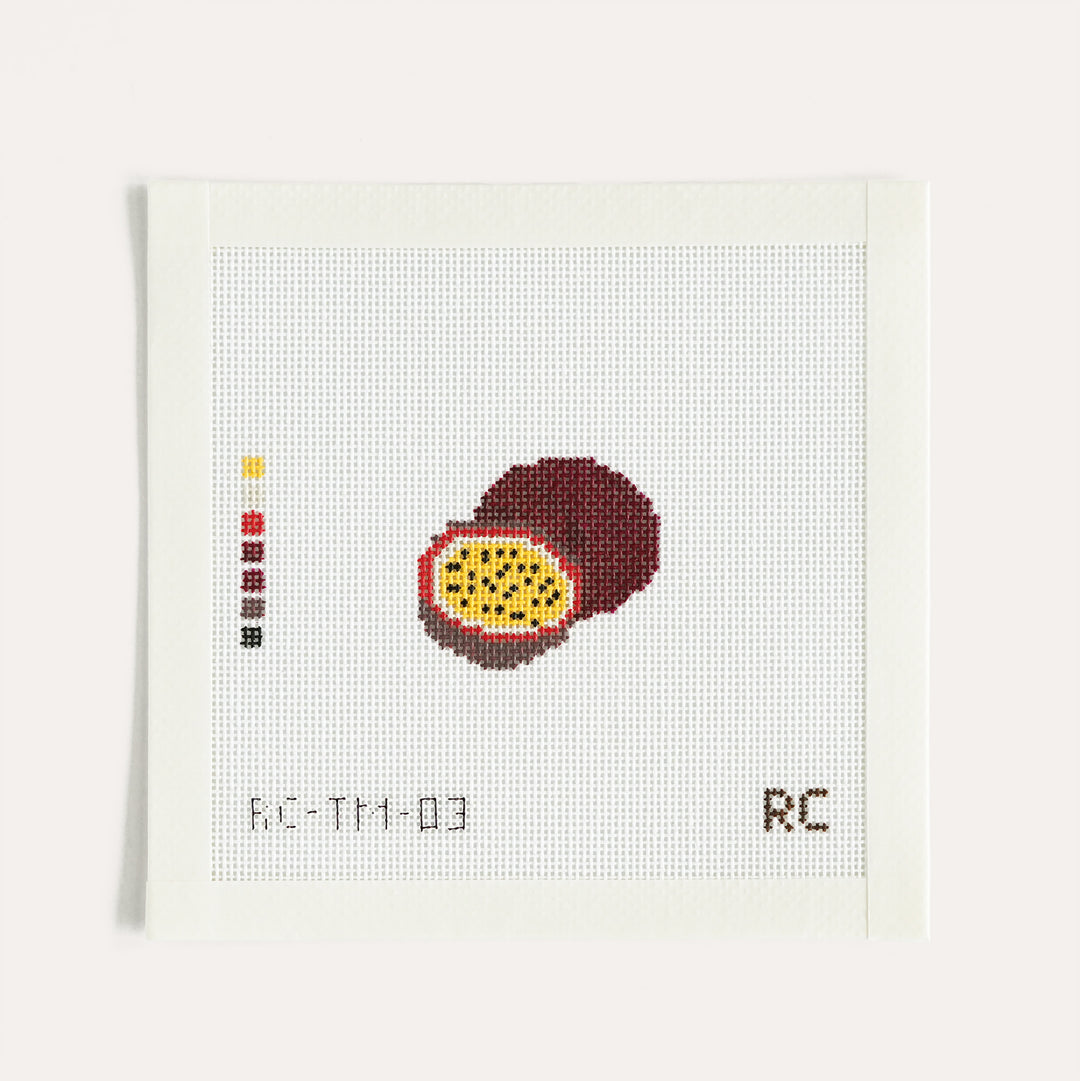 Lilikoi Passion Fruit needlepoint canvas by RenniCo, 1.87 x 1.62 inch fruit design on 18 mesh