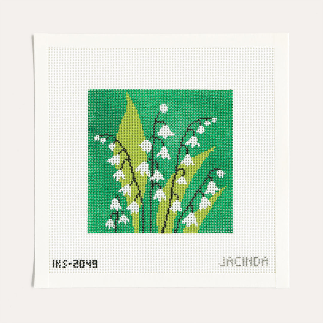 Lily of the Valley needlepoint canvas by Initial K Studio in green and white on 18 mesh