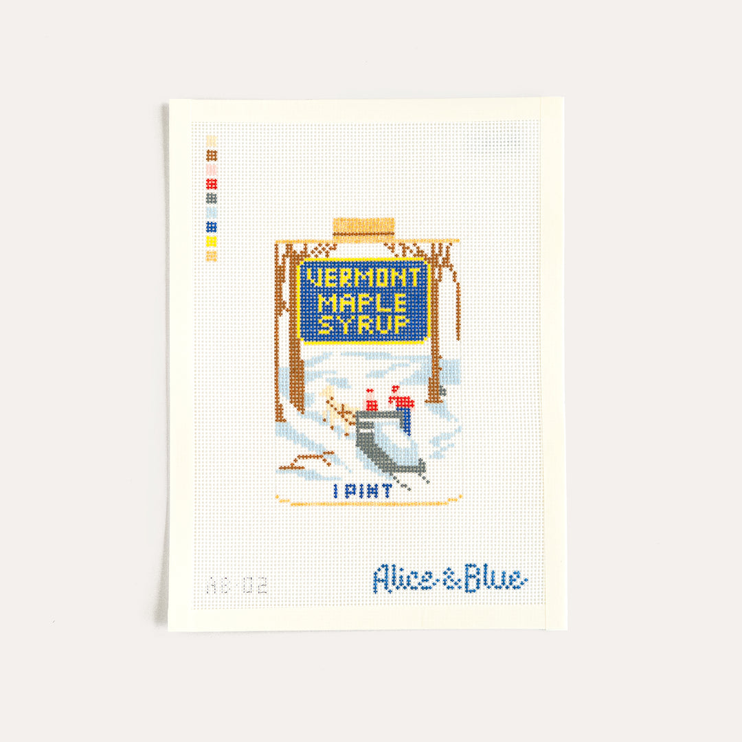 Liquid Gold needlepoint canvas by Alice and Blue Vermont maple syrup can 13 mesh