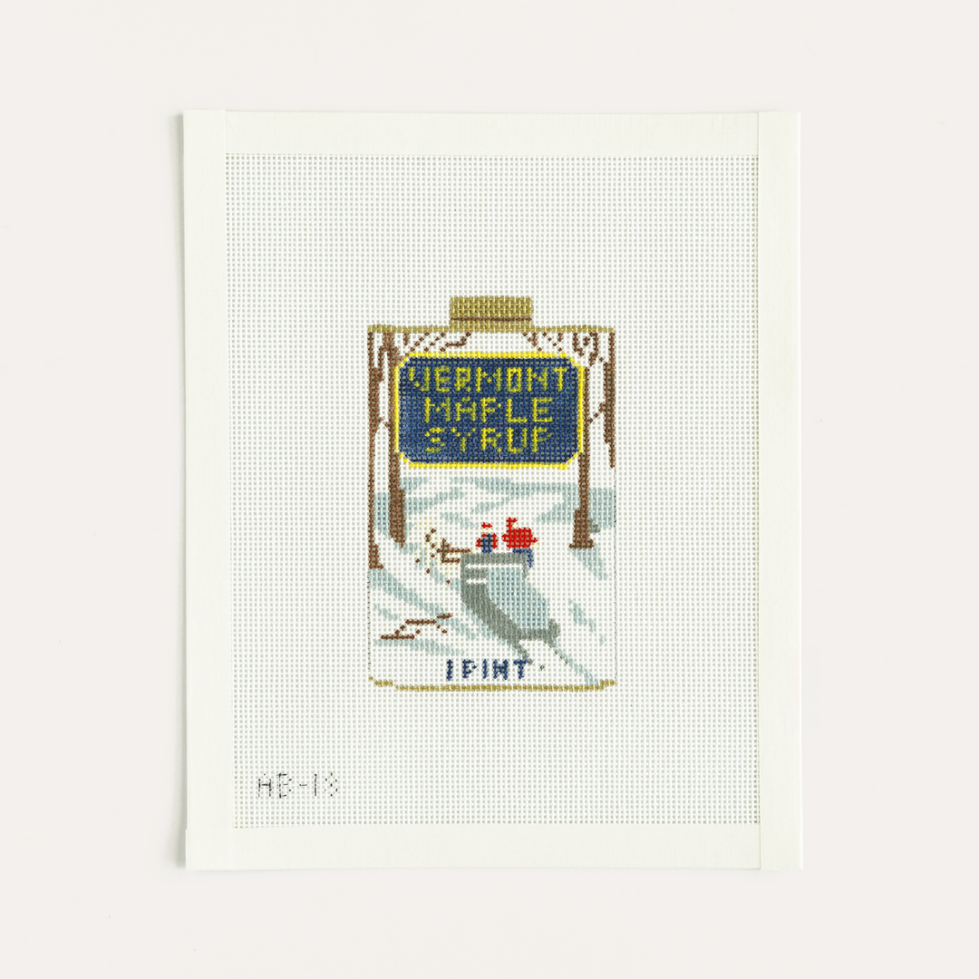 Needlepoint canvas design of Vermont maple syrup bottle, Liquid Gold by Alice and Blue, 18 mesh