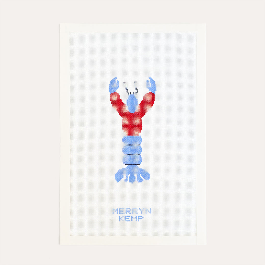 Lobster needlepoint canvas by Merryn Kemp with blue and red coastal design on 18 mesh