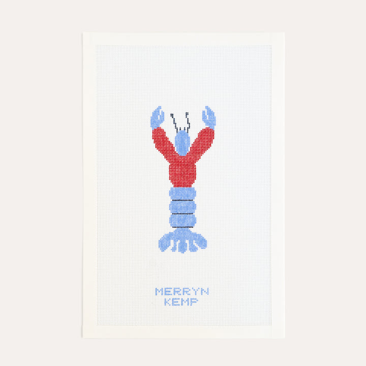 Lobster needlepoint canvas by Merryn Kemp with blue and red coastal design on 18 mesh