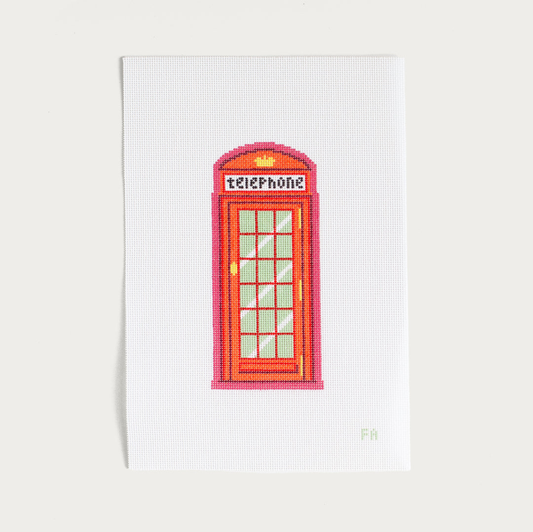 Hand-painted London Telephone Booth needlepoint canvas with a classic red British phone box.