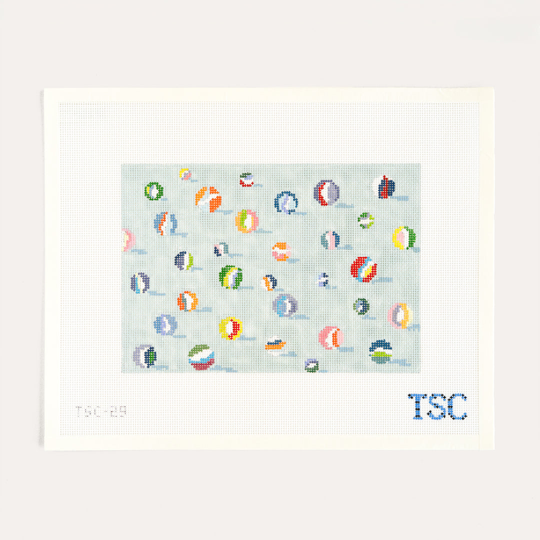 Lost My Marbles Clutch needlepoint canvas by The Sheffield Collection marbles design on light blue 13 mesh