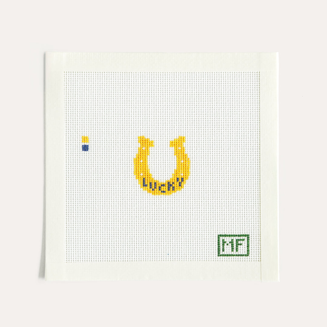 Lucky Horseshoe Mini needlepoint canvas, 1.3 x 1.5 inch stitch painted design on 18 mesh by MF Needlepoint