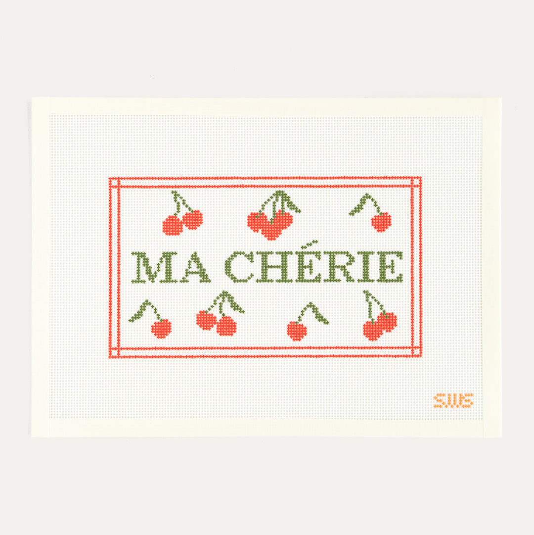 Ma Cherie needlepoint canvas by Stitching with Stacey romantic typography design on 13 mesh