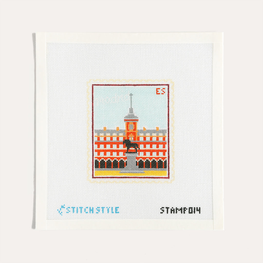 Madrid Plaza Mayor stamp needlepoint canvas by Stitch Style Needlepoint on 18 mesh travel design