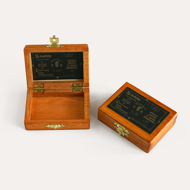 2 Maison Sajou miniature wooden storage boxes with black labels
