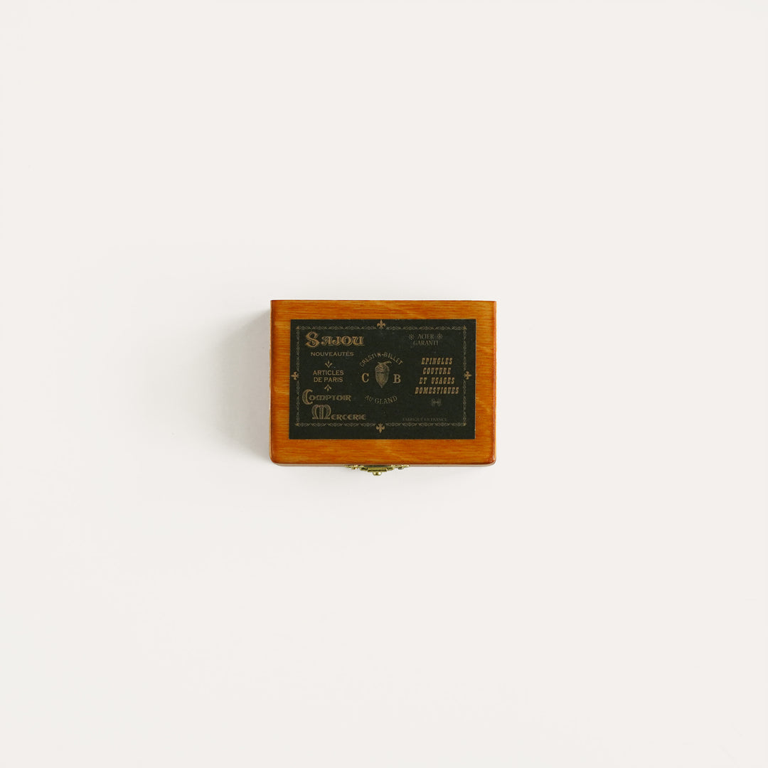 Maison Sajou miniature wooden storage box with black label for pins and sewing notions
