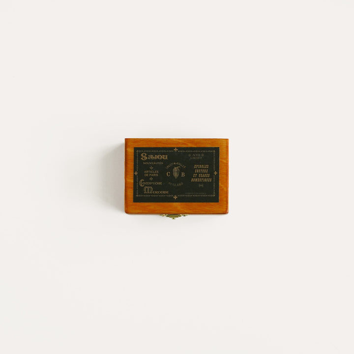Maison Sajou miniature wooden storage box with black label for pins and sewing notions