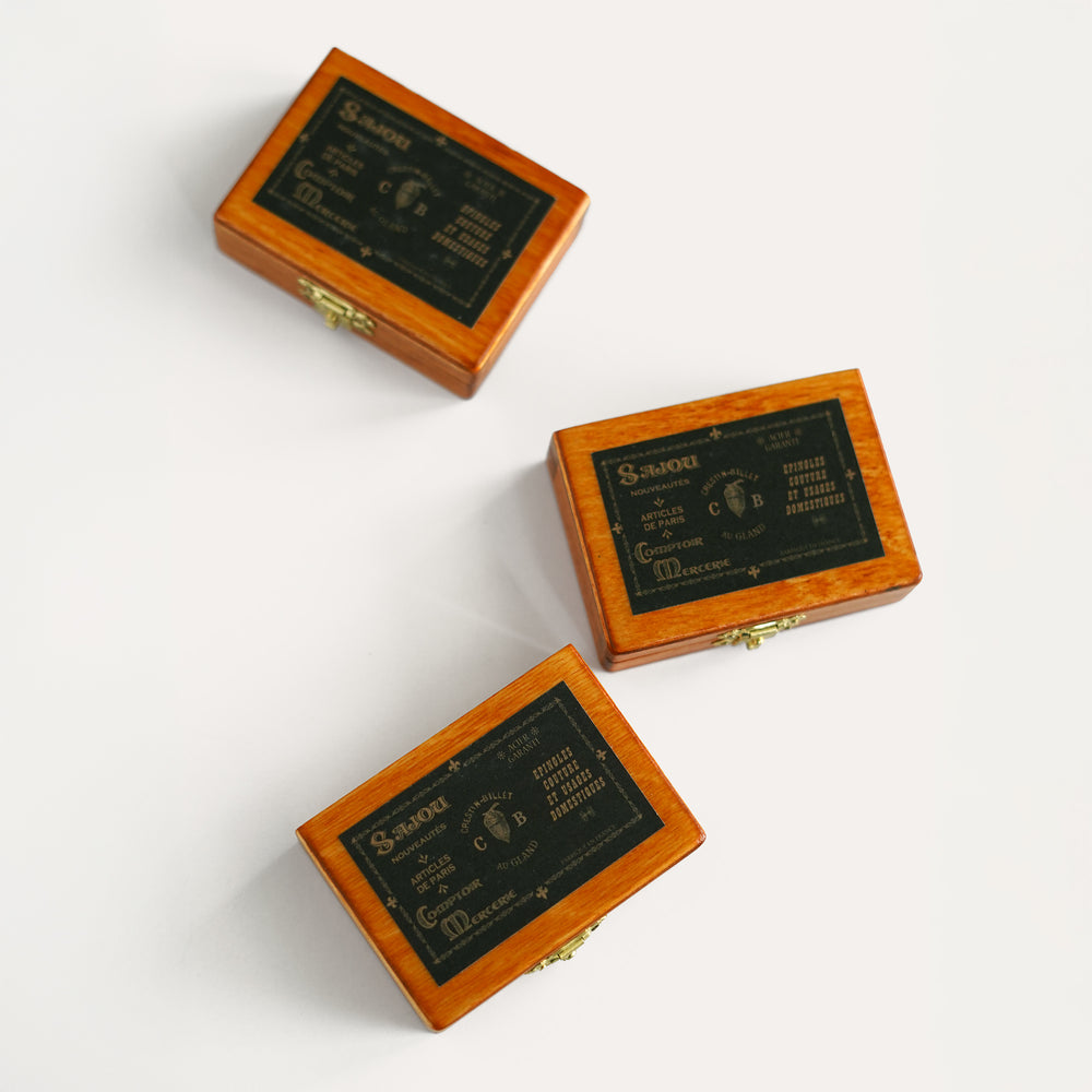 Maison Sajou miniature wooden storage boxes with black label for pins and sewing notions