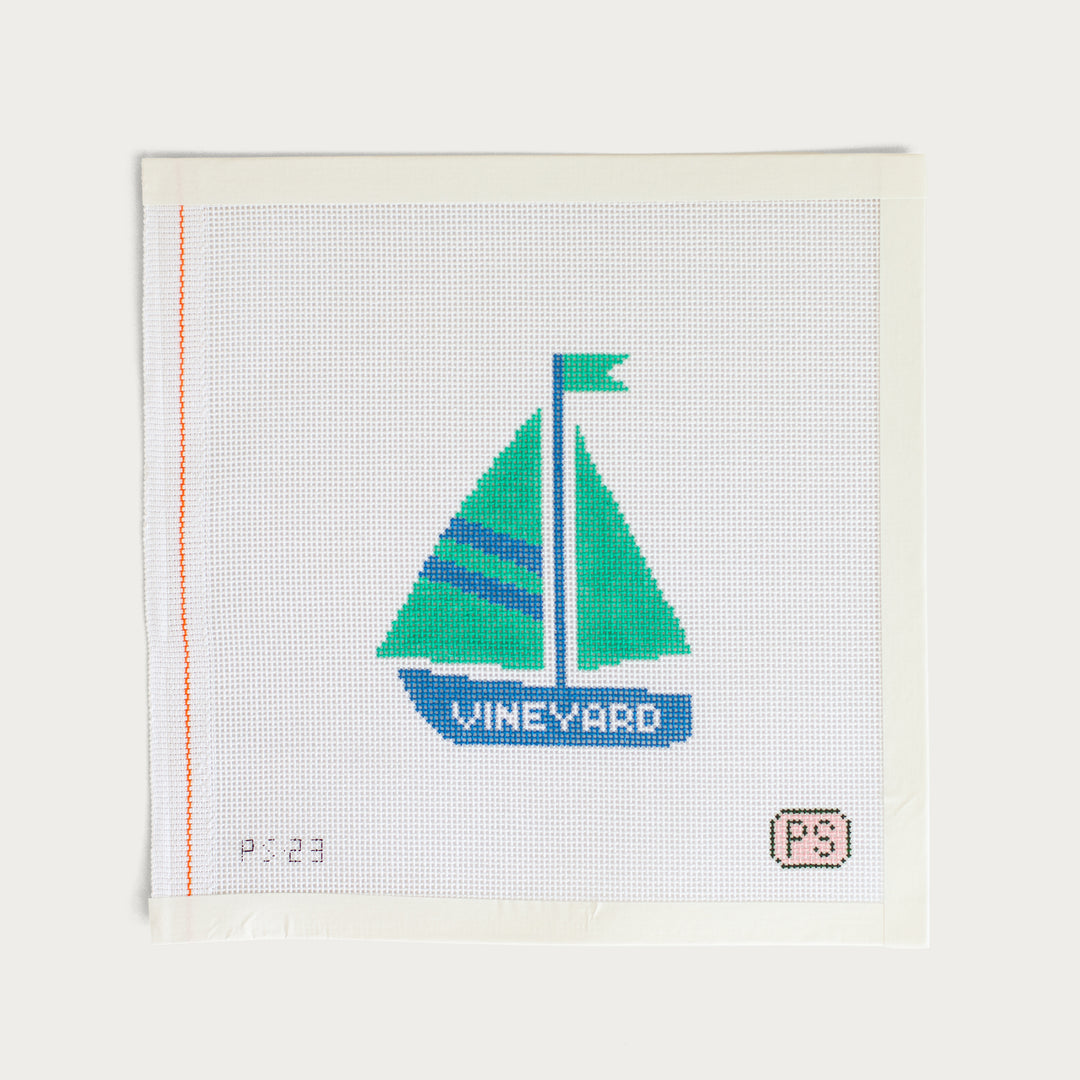 Hand-painted Martha’s Vineyard Sailboat needlepoint canvas on 18 mesh, featuring a nautical coastal design.