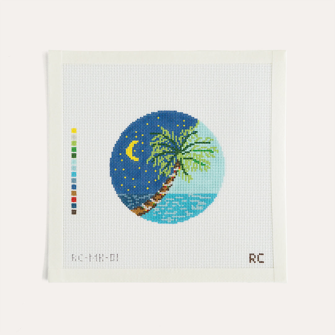 Mele Kalikimaka round needlepoint canvas by RenniCo, 4 inch holiday design on 18 mesh