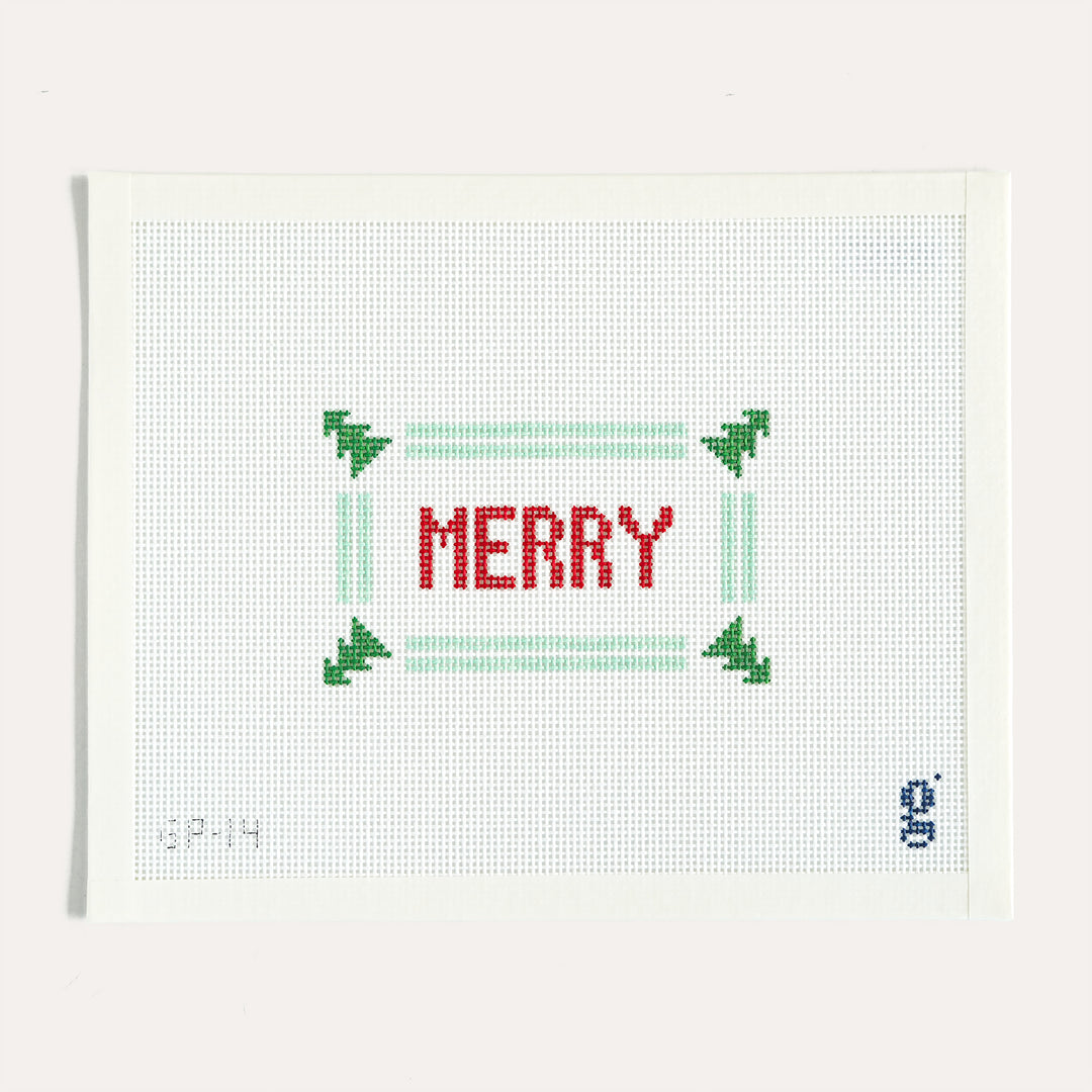 Merry needlepoint canvas by Goodpoint Needlepoint on 13 mesh, festive holiday design